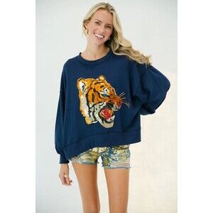 Judith March Women's Navy Sequin Tiger Pullover Sweatshirt Oversized Medium